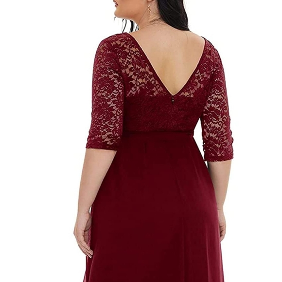 Women's Plus Size Lace Chffon Long Maxi 3/4 Sleeve V-Back Formal Dress - Picture 3 of 7